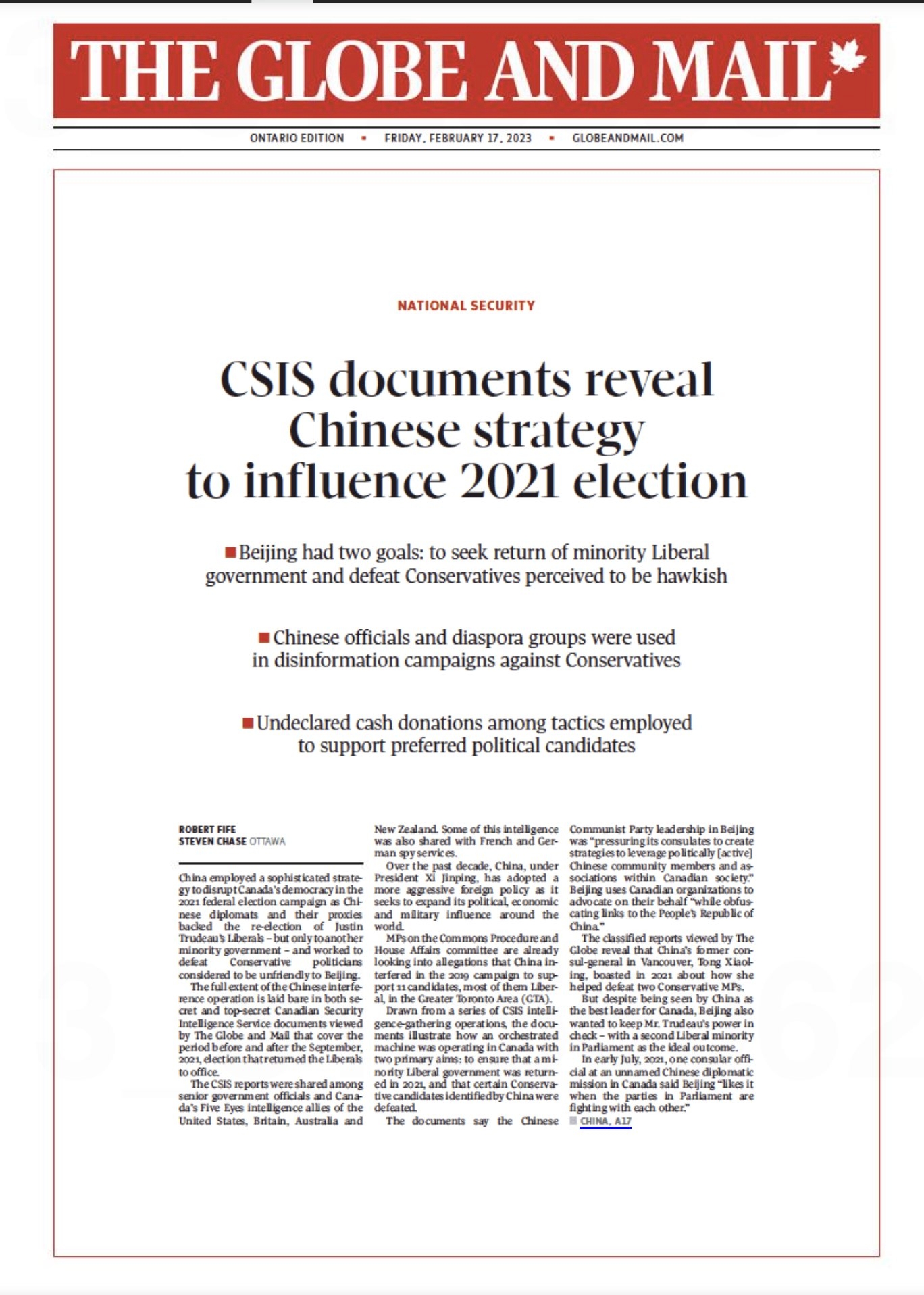 Tài liệu của CSIS tiết lộ chiến lược của Hoa lục nhằm gây ảnh hưởng đến cuộc bầu cử năm 2021 của Canada